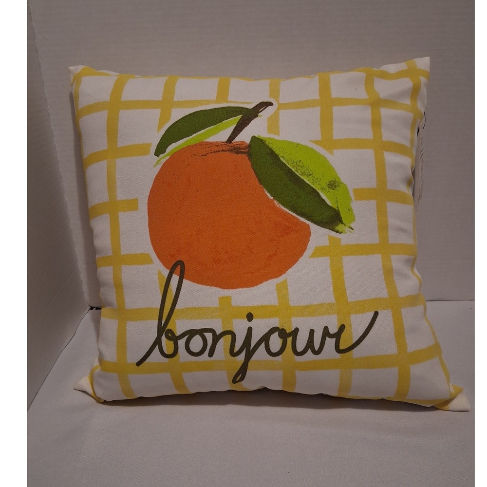 2 Sonoma Goods For Life Bonjour Orange Indoor Outdoor Pillow Yellow Grid 17x17